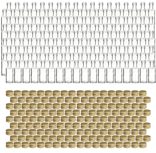 gouveo 162er Set Glasflaschen 20 ml Dorica mit Schraubverschluss goldfarben - Mini Flasche 0,02 l zum Befüllen - Glasfläschchen für Likör, Schnaps, Öl oder zum Basteln (DFT020G)