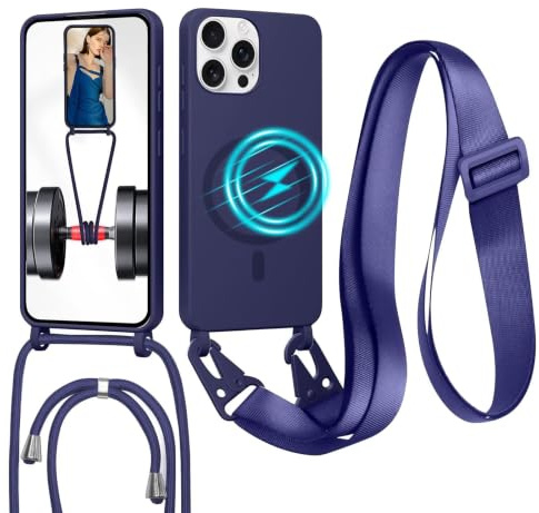 GoodcAcy Crossbody Lanyard Case for iPhone 14 Pro, [Compatible with MagSafe] Magnetic Case with Strap Adjustable and Removable Neck, Anti-Fingerprint Cover, Blue