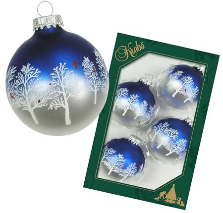 Krebs Glas Lauscha Weihnachtsdekoration/Christbaumschmuck aus Glas - Weihnachtskugeln - Motiv: Blau/Silber Winterwald - 4 Stück - Größe: ca. 7 cm