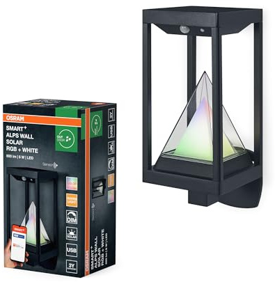 Osram SMART+ Outdoor Bluetooth Solar-Wandleuchte, mit warmweißem (3000K) und Farblicht, ohne Strom nutzbar, bis 2,5 Stunden Brenndauer bei 100% Licht, wiederaufladbar mit USB-C Kabel, IP44, Sensor