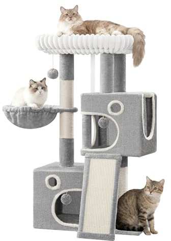 Hzuaneri 98cm Cat Tree, Cat Tower for Indoor Cats, Multi-Level Cats House Furniture with Scratching Post, 2 Caves, Large Platform, Scratching Ramp, Pompom, Light Grey MS10118LG