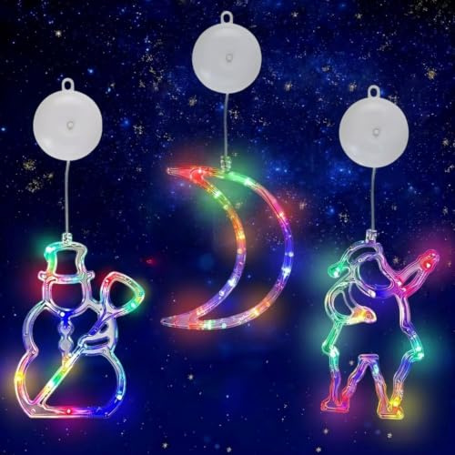 Bubuny 3 Piezas Luces LED de Navidad con Ventosa, Coloridas Luces de Ventana de Navidad Led para Decoración Fiestas Navideñas Interiores