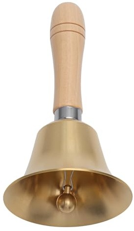 VOSSOT Campana de mano de metal de 15 cm con mango de madera, campana de mesa, campana de Navidad, de latón macizo, para escuela, cena en recepción, servicio de hotel, oración de meditación