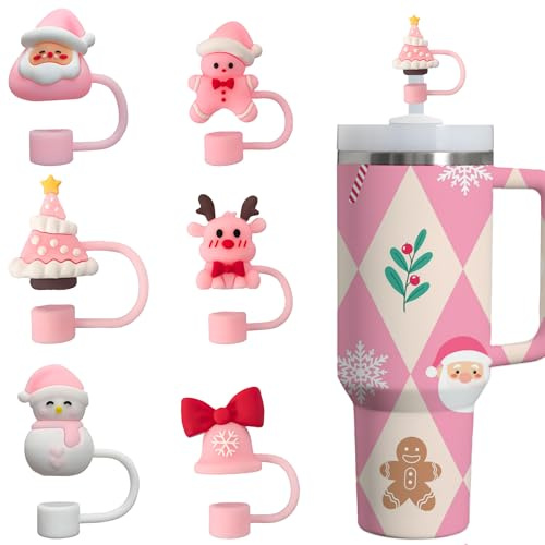 Amreich 6PCs Pink Christmas Straw Toppers for Stanley Cup 40oz/30oz Tumbler, 3D Silicone Straw Cover Caps for 9-11mm Straws, Festive Cup Accessories & Stocking Stuffers Gifts