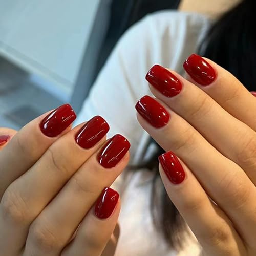 Viugex 24Pcs Press on Nails Short Square, French Bright Red False Nails, Elegant Solid Color Fake Nail, Reusable Acrylic Glossy Full Cover Soft Gel Stick on Nails for Women Girls Daily Decorations