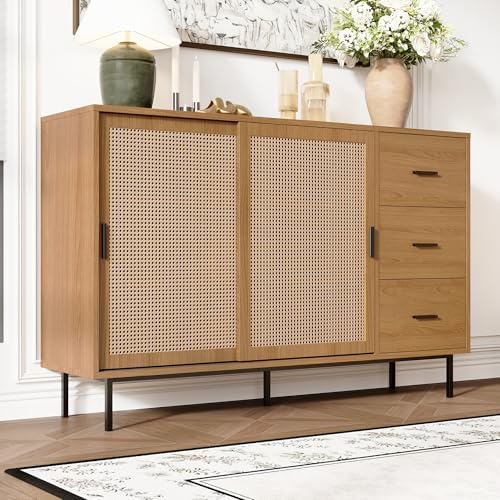 FammyLoft Sideboard Wohnzimmer mit 2 Schiebetüren und 3 Schubladen, Buffetschrank mit Verstellbaren Einlegeböden, 140×37×91cm, Modern Wohnzimmerschrank für Esszimmer & Flur, Natural