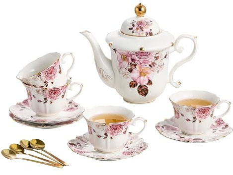 TATSUMI Country Roses Bone China Tea Set, Vintage Style, For Women and Tea Parties (Chocolate Red, 13 Pieces Set)