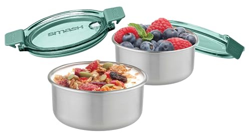 Smash Stainless Steel Snack Pots – Green, 200ml (Pack of 2) | 2 Pack| Microwave Safe|Great for Overnight Oats|Meal Prep| Snacks| Fruit | Yogurt