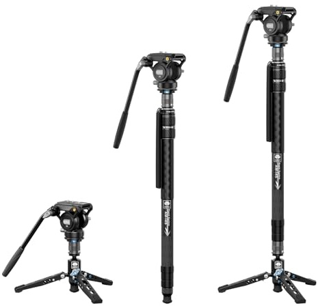 SIRUI 61/155cm Carbon Fiber Video Monopod with Feet, Pan Tilt Fluid Head | Rapid Compact Professional Camera Monopod with Removable Tripod Base for Camera, Camcorder, Max Load 13.2lbs/6kg, AM-145+S3