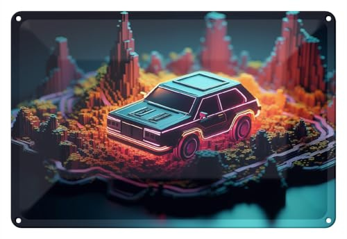 Wallario Blechschild Wandbild aus Metall Pixel-Roadtrip - 20 x 30 cm in Premium-Qualität: Brillante Farben