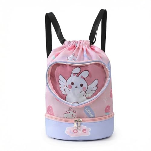 Falafoty Turnbeutel Kinder, Sportbeutel String-Rucksack für Jungen Mädchen Sackpack, Sport Turnbeutel Wasserdicht Trocken-Nass-Trennung mit Schuhfach, Strand Schwimmen Schule Reisen Sackpack (Rosa)