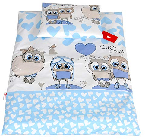 Babylux 2 TLG. Set Bezug für Kinderwagen Stubenwagen oder Wiege Garnitur Bettwäsche Kissen Decke 60 x 78 cm (102. Eule Blau)