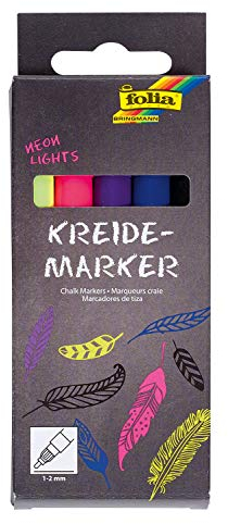 folia 390529 - Kreidemarker, 5er Set Neon Lights, Rundspitze 1 - 2 mm, Flüssigkreide auf Wasserbasis, für Tafeln, Tafelfolie, Glas, Plastik, feucht abwischbar, Blau,Gelb,Schwarz