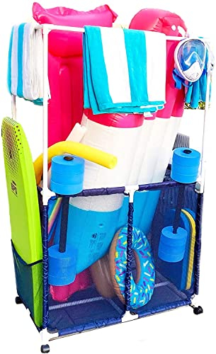 Essentially Yours Pool-Ausrüstungshalter mit Handtuch-Trockenstangen, Netz-Roll-Pool-Aufbewahrungsbehälter, extra groß mit Handtuchaufhänger, (87,6 cm B x 63,5 cm L x 159 cm H), Blau/Weiß Stil 418566