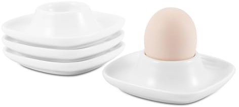 Flexzion Keramik Eierbecher Set, 4er Porzellan Eierhalter mit Ablage, Eierteller Eierplatte Eierbehälter Eierträger Eierständer für Zuhause Küche Kühlschrank Restaurant Frühstückset, Weiß (4er Pack)