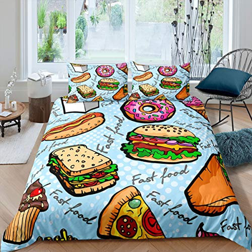Loussiesd Hamburger Bettbezug Set Donuts Hot Dog Bettwäsche Set 135x200cm Fsat Food Theme Betten Set für Jungen Mädchen Kinder Dekor Köstliche Snacks mit 1 Kissenbezug