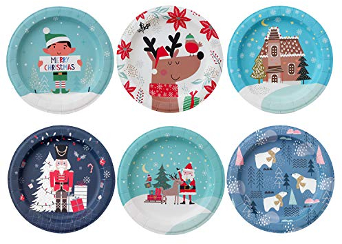 Partay Shenanigans Paper Plates - 60-Count 8 x 8 Disposable Christmas Party Supply Dessert Plates in 6 Designs - Reindeer, Santa, Polar Bear, Elf, Gingerbread House, Nutcracker