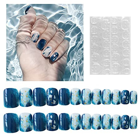 Andiker Press on Nails, False Nails Square Deep Ocean Glitter UV Gel False Medium Length Cute Artificial Fake Nails with Nail Glue Glossy and Reusable Full Cover Wear Nail for Women (Ocean)