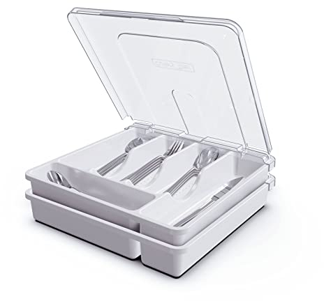 QINOL Silverware Holder with Lid, Double Layer Utensil Tray with Cover Large Flatware Organizer Plastic Cutlery Container for Kitchen Drawer Countertop 10 Compartments, White