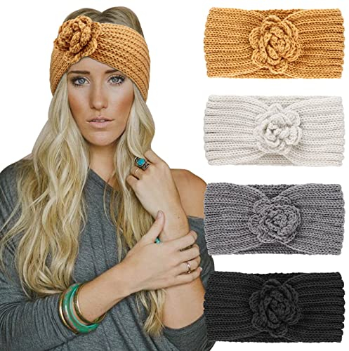 DRESHOW 4 Stück Damen Gestrickt Stirnband Winter Strick Breite Kopfband Elastische Haarband Stirnband Häkelarbeit Ohr Wärmer Damen