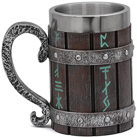 GuoShuang Norse Decor Stainless Steel Wooden Viking Coffee Cool Mug Viking Gift for Men Beer Cup Stein