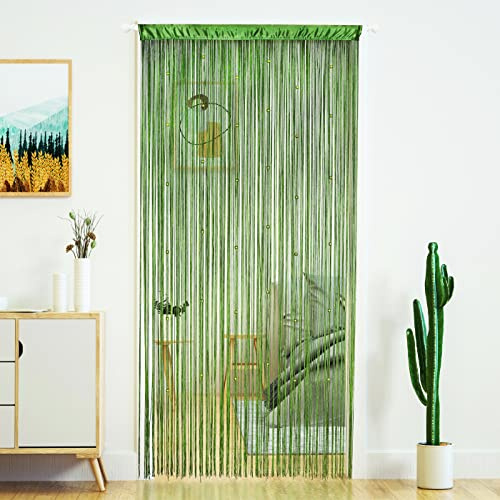 YaoYue Fransenvorhänge mit Perlen für Türen, Quasten, Perlen, hängende Fransen, Hippie-Stil, Raumteiler, für Fenster, Flur, Eingang, Wandschrank, Schlafzimmer, Privatsphäre, als Dekor, Grasgrün, 100 x