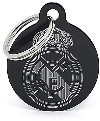 PERDIDUS Placa para perro personalizada REAL MADRID FC. Grabado del nombre y teléfonos. (32 mm, Negro)