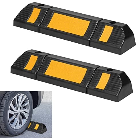 YRHome 2er Radstopper Parkplatzbegrenzung Anfahrschutz Radstopp-Parkbegrenzung Parkplatz-Markierung Gummi Garagenstopper Anfahrschutz 60x12x10 cm Reflektierende Streifen für Garagen Parkplätze