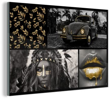 MuchoWow Glasbild Glasfoto Wandbild Bilder Deko 150x100 cm Collage - Gold - Auto - Farbe