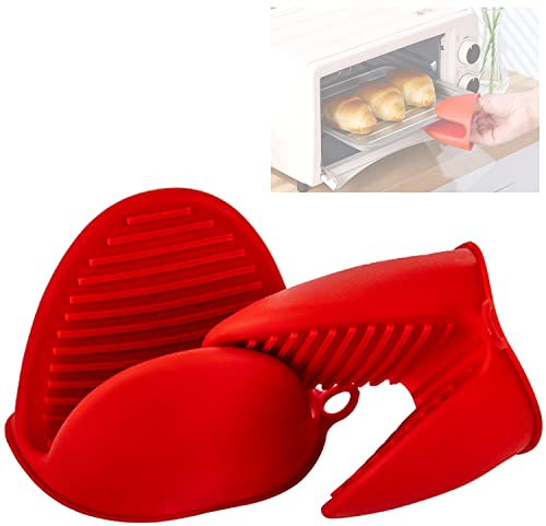 WUBAYI 1 Paar Silikon Ofenhandschuhe Verdicken, Mini-Ofenhandschuh Anti-Rutsch Hitzebeständige Silikon Topflappen, Mini Ofen Mitts, wasserdichte Topfhandschuhe zum Backen Kochen BBQ Grillen (Red)