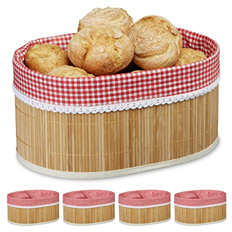 Relaxdays 5 cestini per il pane in bambù, inserto in tessuto, altezza x larghezza x profondità: 16,5 x 33,5 x 23,5 cm, colore: naturale