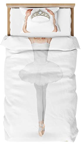 Loussiesd Ballett Bettwäsche Kinder 135x200cm Mädchen Tanzen Ballerina Bettwäsche Set Jugendliche Zimmerdekoration Niedlich Prinzessin Ballettrock Bettbezug Set Weiß mit 1 Kissenbezug