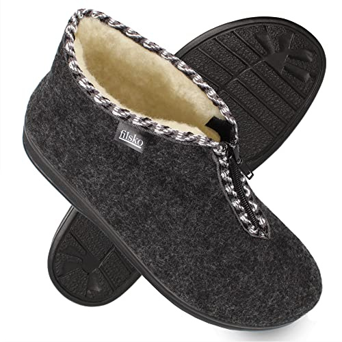 filsko® Gunnarn - Winter Hausschuhe Damen - weiche Fütterung aus Schafwolle - rutschfeste Sohle - mit Reißverschluss - nie wieder kalte Füße - biegsame Schuhvorderkappe - grau/weiß - 39 EU