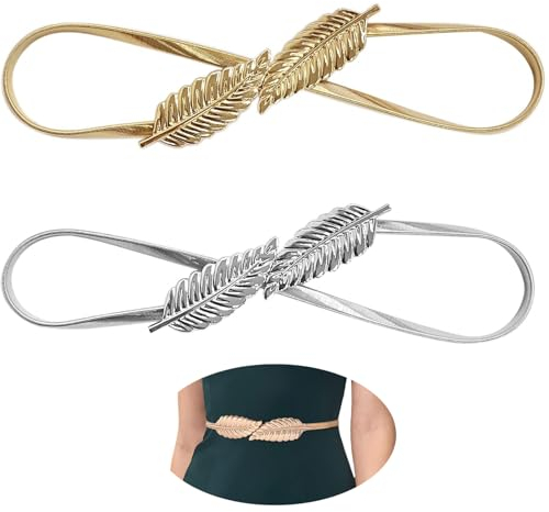 WnlahuWA 2 Stück Taillengürtel Damen, Mode Kleidgürtel, Hüftgurt Blätter, für die meisten Anlässe wie Hochzeiten, Valentinstag, Familientreffen oder Weihnachtsfeiern(Golden Silber)