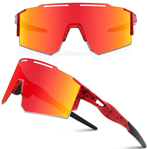 DUDUKING Sonnenbrille Fahrradbrille Herren Damen,Wassertransferdruck Sportbrillen Radsport Brillen für Outdoorsport Radfahren Laufen Golf UV 400 Schutz Baseball Brille (Rot)