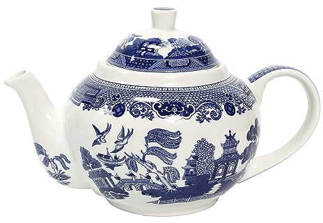 UNIQUE HOME LIVING Blue Willow Ceramic Teapot 1 Litre Georgian Vintage Oriental Design Tableware