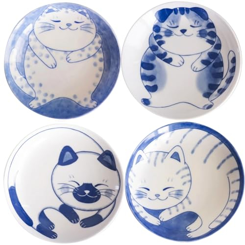 LOVE LOVE JAPAN Mino Ware Dessert-Servierteller-Set aus Keramik, niedliches Katzen-Design, 13,5 x 2,7 cm, 4 Stück