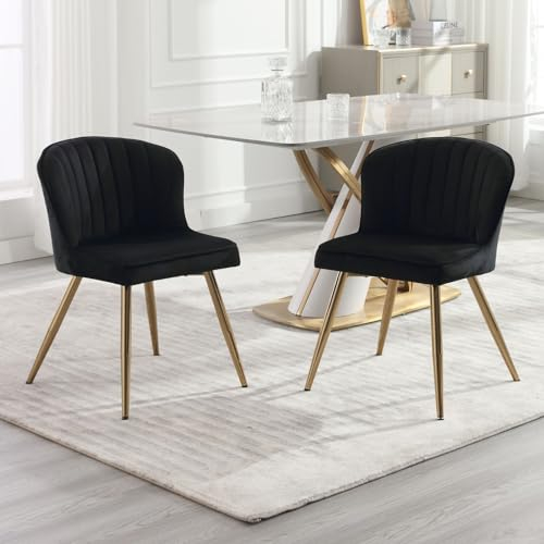 Wahson Samt Esszimmerstühle 2er Set, Moderner Esszimmerstuhl Gebogene Linie Rückenlehne, Küchenstuhl mit goldenem Fuß, Akzentstuhl für Esszimmer/Wohnzimmer,Schwarz
