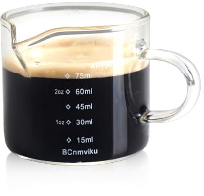 NCnnwovf Milk Frothing Pitcher Espresso Glass Measuring Cup, 75ML Espresso Cups with Handle, Espresso Shot Glass with V-Shaped Mouth, Clear Glass Espresso Accessories (1)