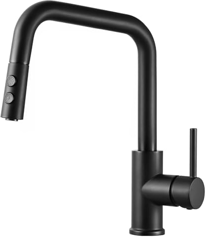 HPWVKVDB Matt Black Kitchen Taps with Pull Out Spray Single Lever Square Pull Out Kitchen Mixer Tap with Pull Out Hose Modern Kitchen Sink Taps Mixer