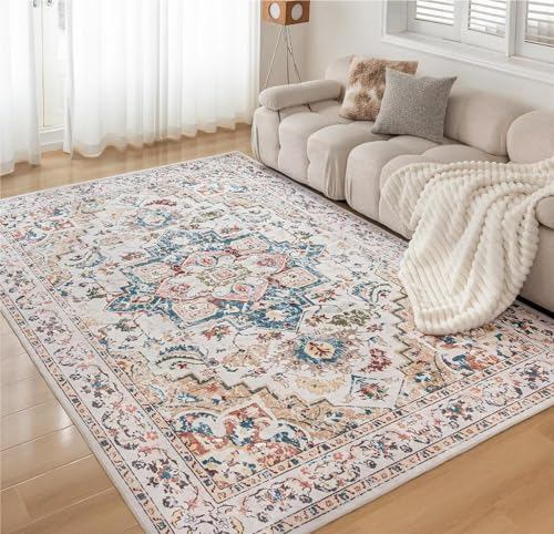 CHOSHOME Waschbarer Teppich Wohnzimmer Vintage Kurzflor Teppich Groß Orientalischer Teppich für Schlafzimmer rutschfest Teppich Kunstwolle Boho In & Outdoor Teppich 200x290CM Beige