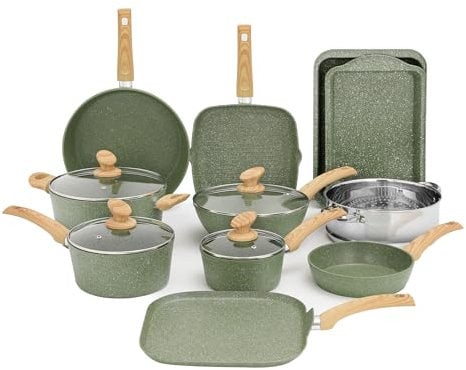 Kitchen Academy 17 Pcs Pots and Pans Set Non Stick, Induction Kitchen Cookware Set, Green Healthy Nonstick Granite Coated Saucepans Frying Pans Set, PFOA & PFOS Free