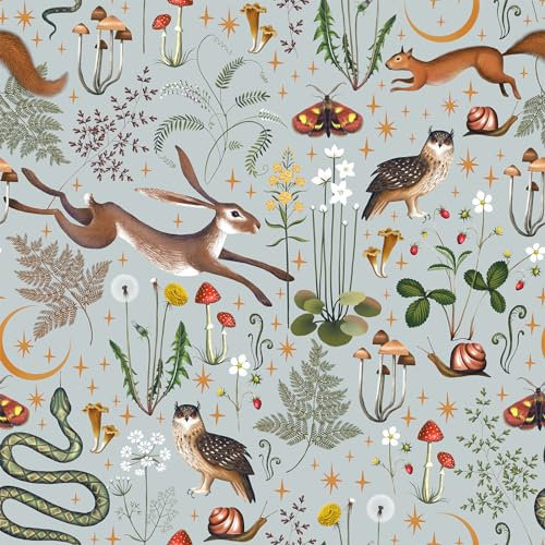 VEELIKE Grey Jungle Wallpaper Tropical Floral Wallpaper Leaf Contact Paper Self Adhesive Nursery Forest Botanical Wall Art Mushroom Rabbit Fox Bird Animal Wall Mural Bedroom 44.5 cm × 300 cm