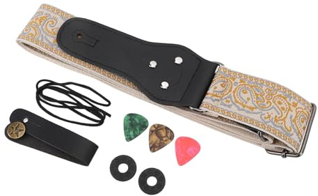 Vintage-Gitarrengurt mit Stickerei für Akustischen E-Bass, Verstellbare Länge, Doppelschichtiges, Verstärktes Ende mit Plektren für Erwachsene und Kinder (GOLD)