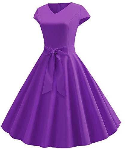 Femme Robe Vintage Années 40 50 60 Pin up Robe de Soirée Cocktail Cérémonie Mariage Rockabilly Swing Plissé Manches Courtes A-Line Ete Cadeau Maman,Violet,M,H78R