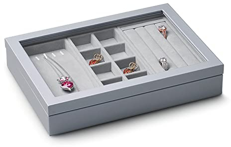 Papten bandeja apilable para joyas de cuero con tapa, joyero organizador de joyas cajón para anillos pendientes collar, 25x18x4,5cm (gris)