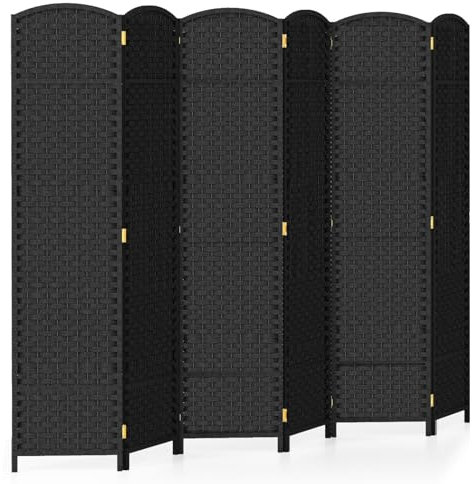 COSTWAY 6 Panel Folding Room Divider, Hand-Woven Wicker Freestanding Wall Privacy Screen Protector, Solid Wood Frame Paravent Partition Separator for Bedroom Living Room Office, 240x170cm (Black)
