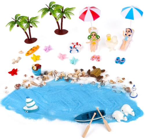 VFANDV 33 Pièces Décoration de Plage Miniature, Miniature de Plage Micro-paysages de Plage Miniatures DIY Décoration Maritime Accessoire Plage Seau Palmier Mini Parasol Coquillage