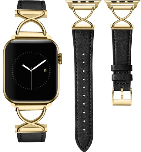 CeMiKa Cinturino in Pelle Compatibile con Apple Watch 41mm 40mm 38mm per Donne, Sottile Cinturino in Vera Pelle con Metallo a Forma di X per iWatch Series 9 8 7 6 5 4 3 2 1 SE, Nero/Oro