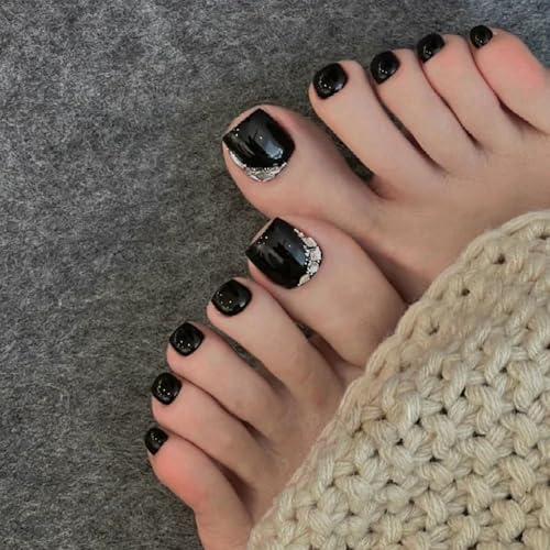 Boloshine 24 Stück Französisch Zehennägel zum Aufkleben, 12 Größen Natürliche Künstliche Fussnägel, Künstliche Zehennägel Kurze Quadratische für Frauen Mädchen Nagel Dekoration (Schwarzer Diamant)